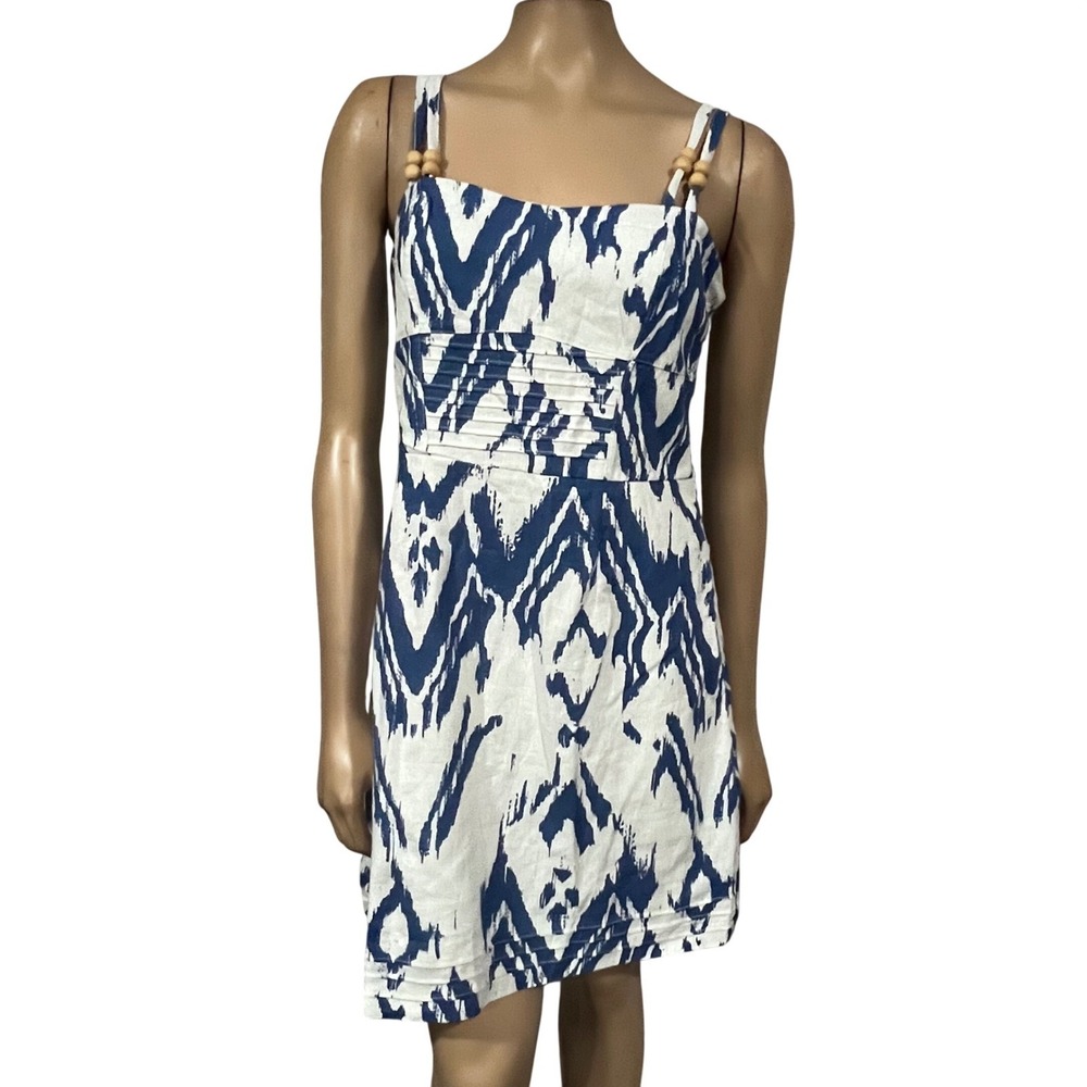Sam Edelman Tinsley Ikat Mini Dress Blue White Beaded Straps Boho NWT L